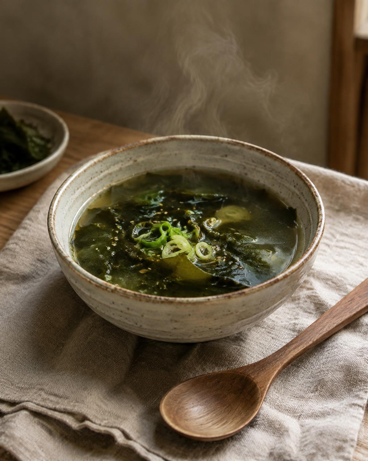 A steaming bowl of seaweed broth on linen