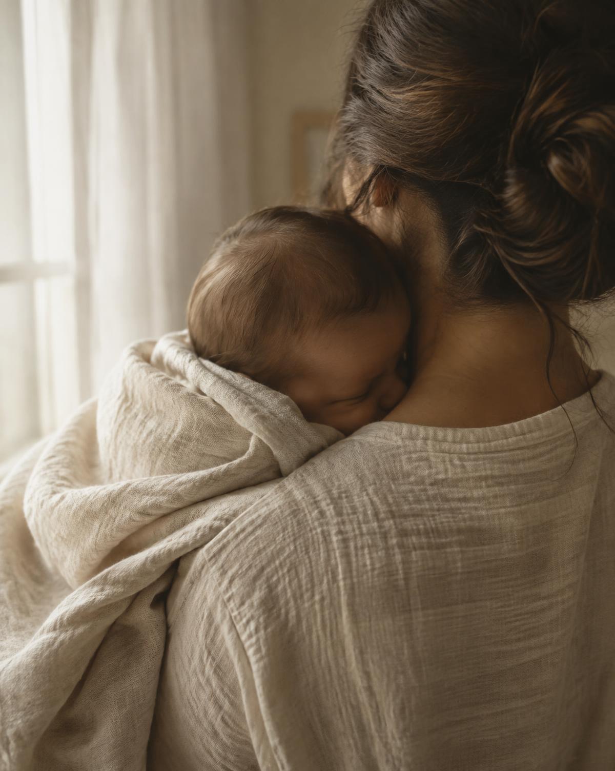 A mother holding her sleeping newborn, seen from behind