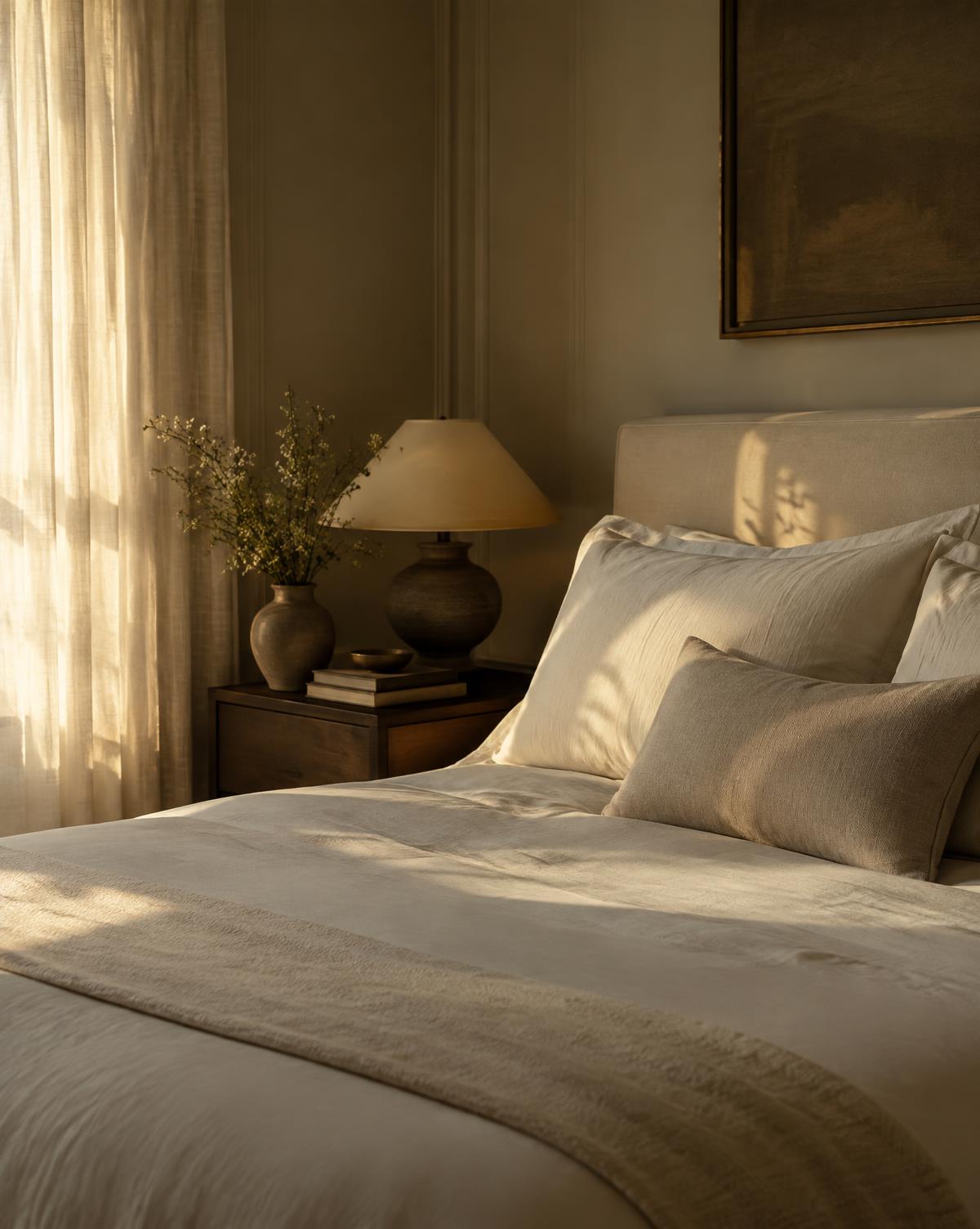 A made bed in warm afternoon light