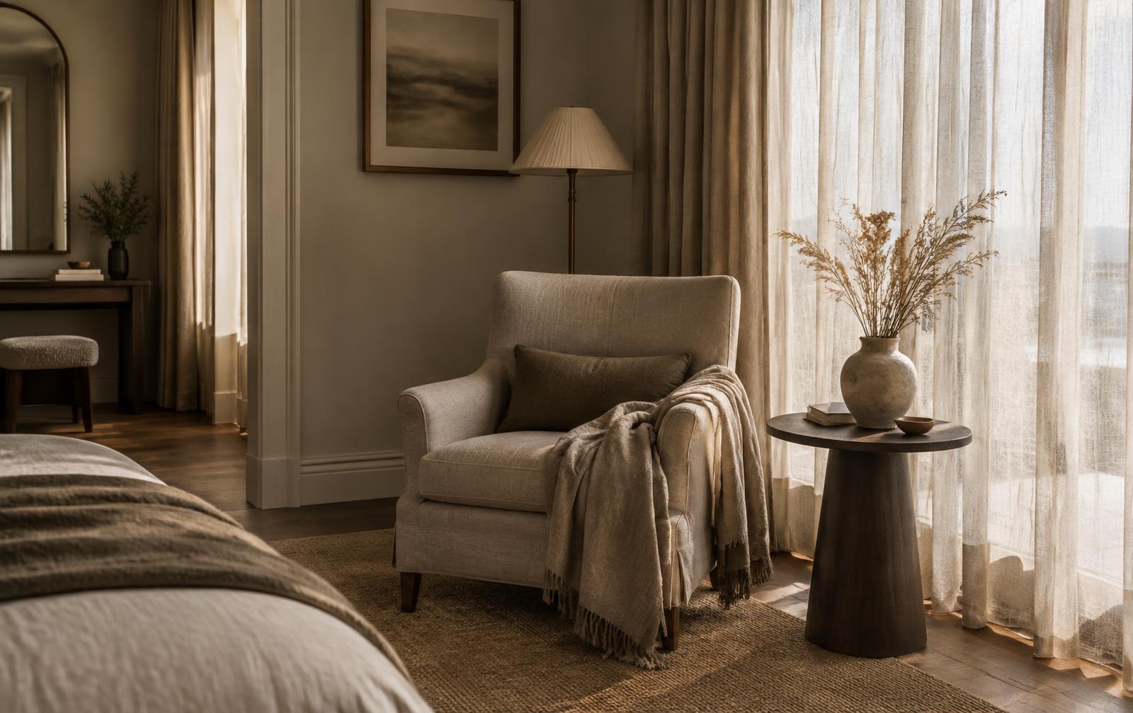 A quiet suite corner with a linen armchair in soft light