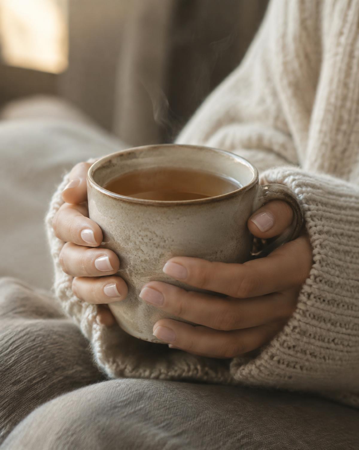 Hands holding a warm ceramic cup